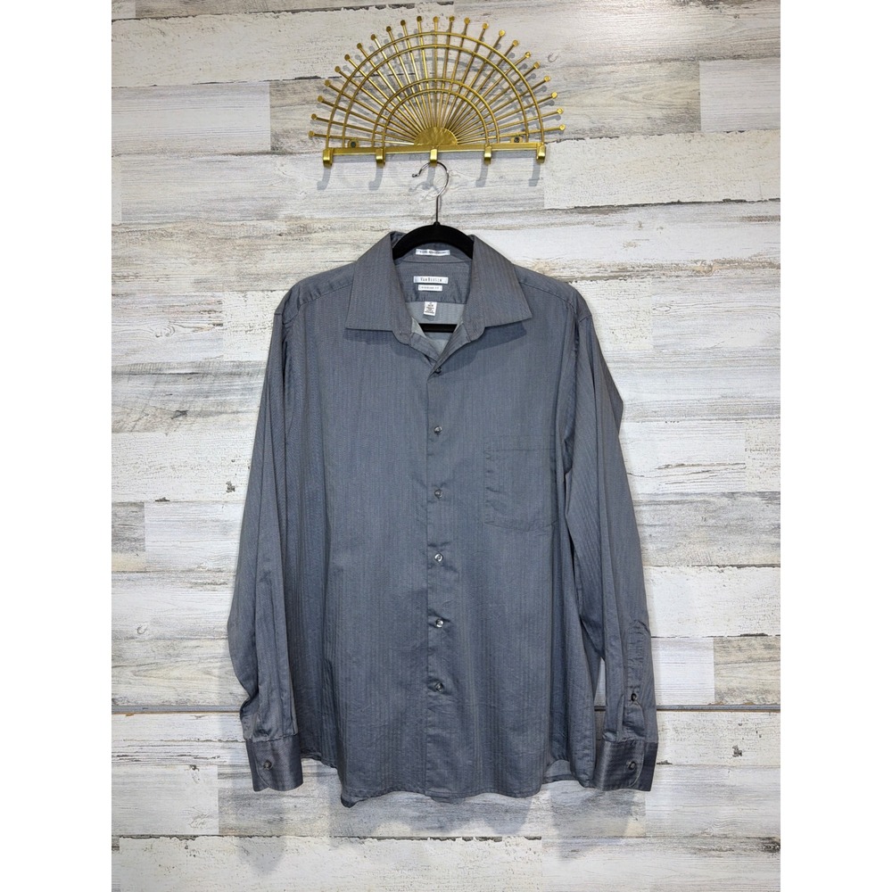 Van Heusen Dress Shirt Men 17 34/35 Grey Royal Herringbone Regular Office‎ EUC
